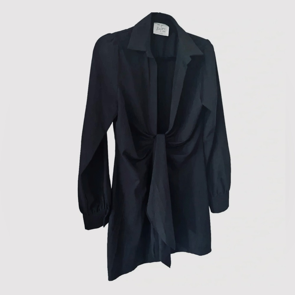Native One Women's Black Long Sleeve Tie Front Plunge V-Neck Mini Dress Size L